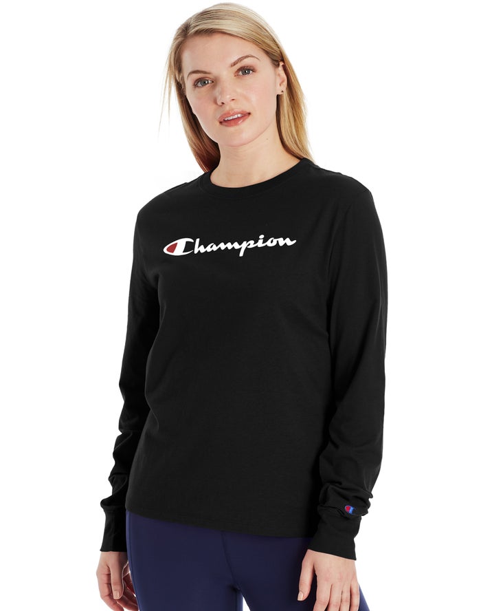 Champion Womens T-Shirt NZ - Classic Long-Sleeve Script Logo Black ( 5607-DHUCL )